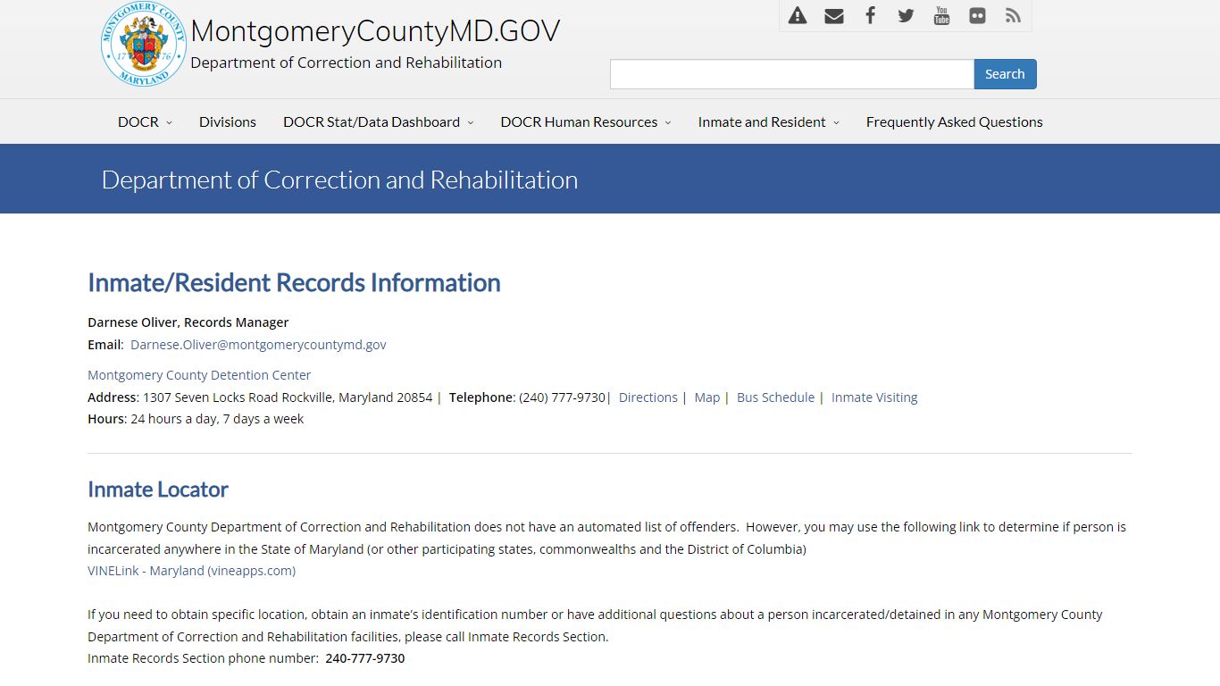 Inmate/Resident Records Information - MONTGOMERY COUNTY, MD